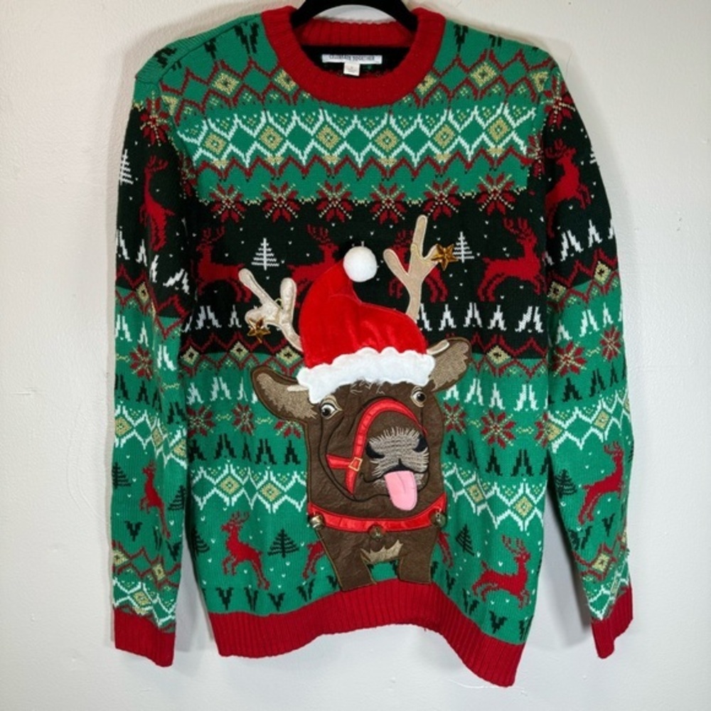 ugly Christmas sweater funny reindeer fair isle red green holiday knit medium